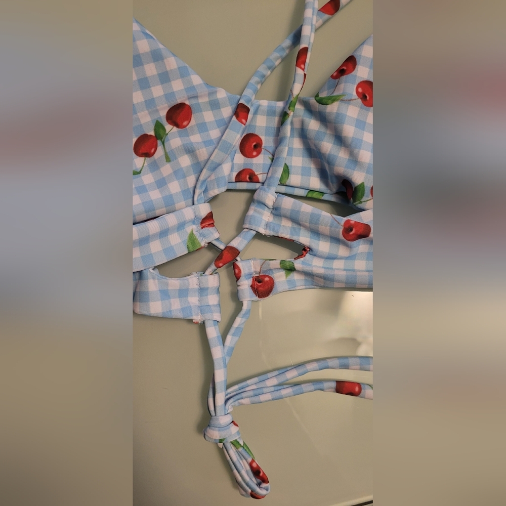 Cherry Print Blue Gingham Bikini Set SIZE SMALL - Picture 12 of 14